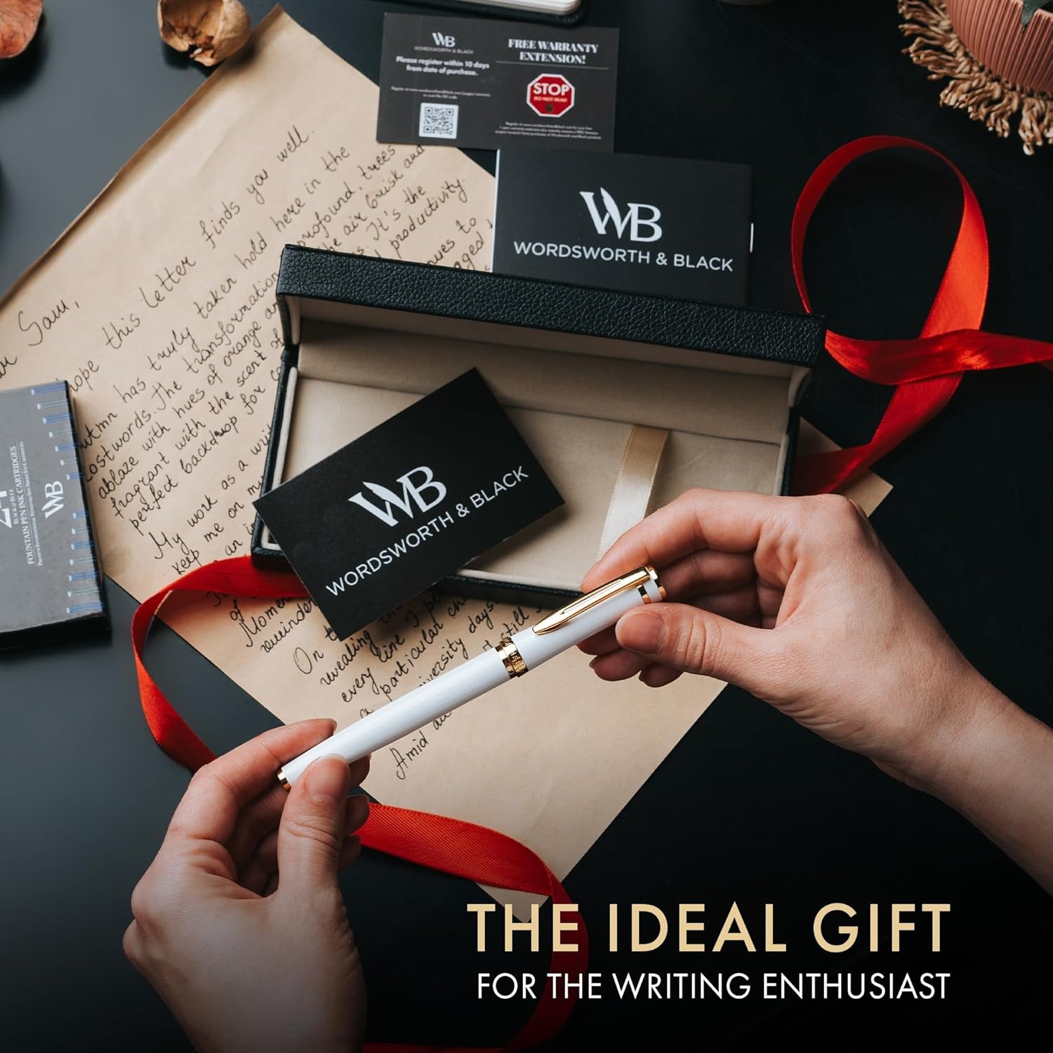 image:imageWordsworth amp Black Fountain Pen Set White Gold Medium Nib Includes Spare Bent Nib Gold 24 Ink Cartridges Refill Converter and Premium Gift Case