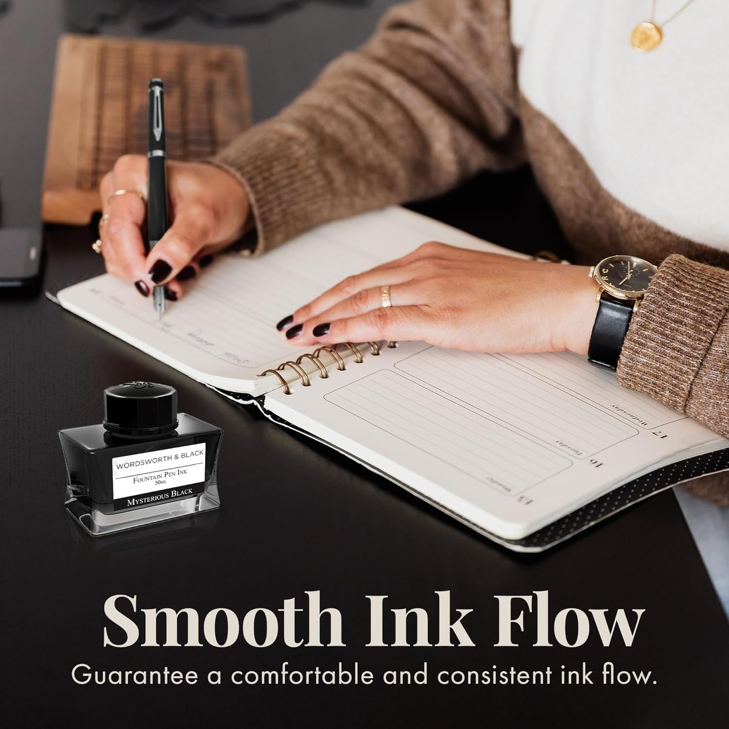 image:imageWordsworth amp Black Majesti Fountain Pen Set Black Gold Medium Nib Includes 50 ml Pen Ink Black 24 Ink Cartridges Refill Converter and Premium Gift Case