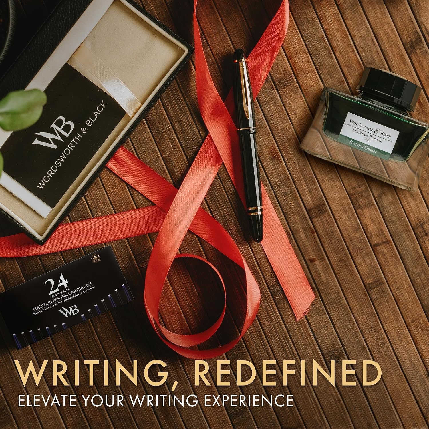 image:imageWordsworth amp Black Majesti Fountain Pen Set Black Gold Medium Nib Includes 50 ml Pen Ink Green 24 Ink Cartridges Refill Converter and Premium Gift Case