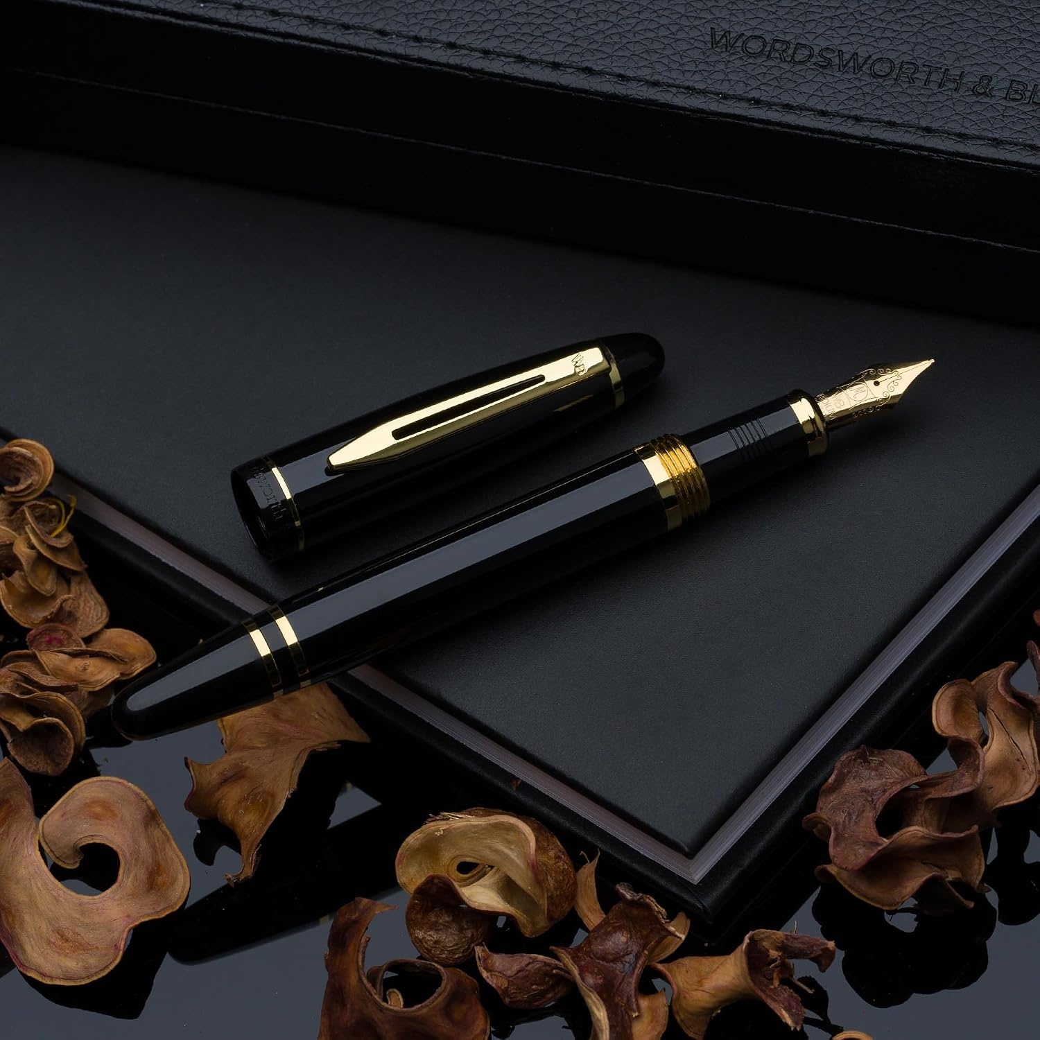 image:imageWordsworth amp Black Majesti Fountain Pen Set Black Gold Medium Nib Includes 50 ml Pen Ink Green 24 Ink Cartridges Refill Converter and Premium Gift Case