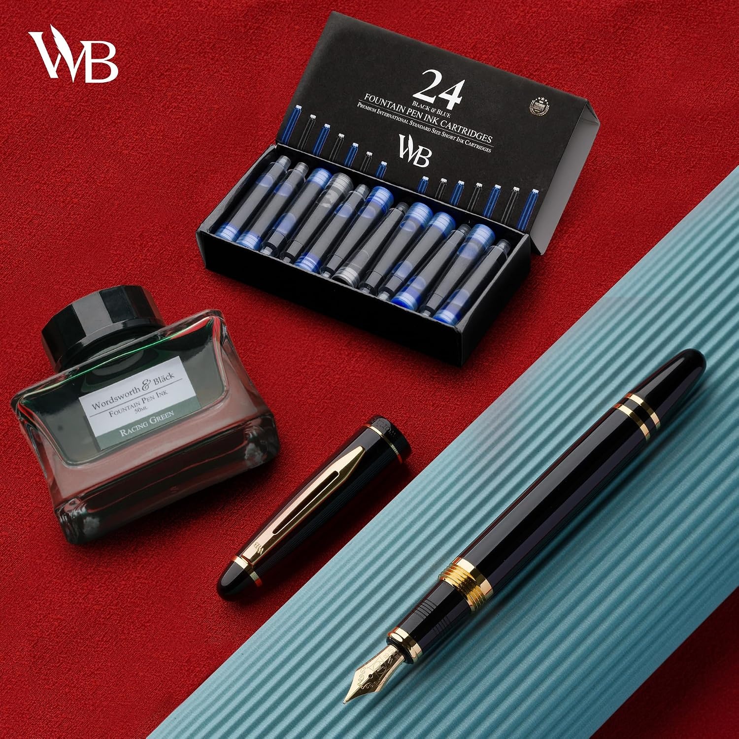 image:imageWordsworth amp Black Majesti Fountain Pen Set Black Gold Medium Nib Includes 50 ml Pen Ink Green 24 Ink Cartridges Refill Converter and Premium Gift Case