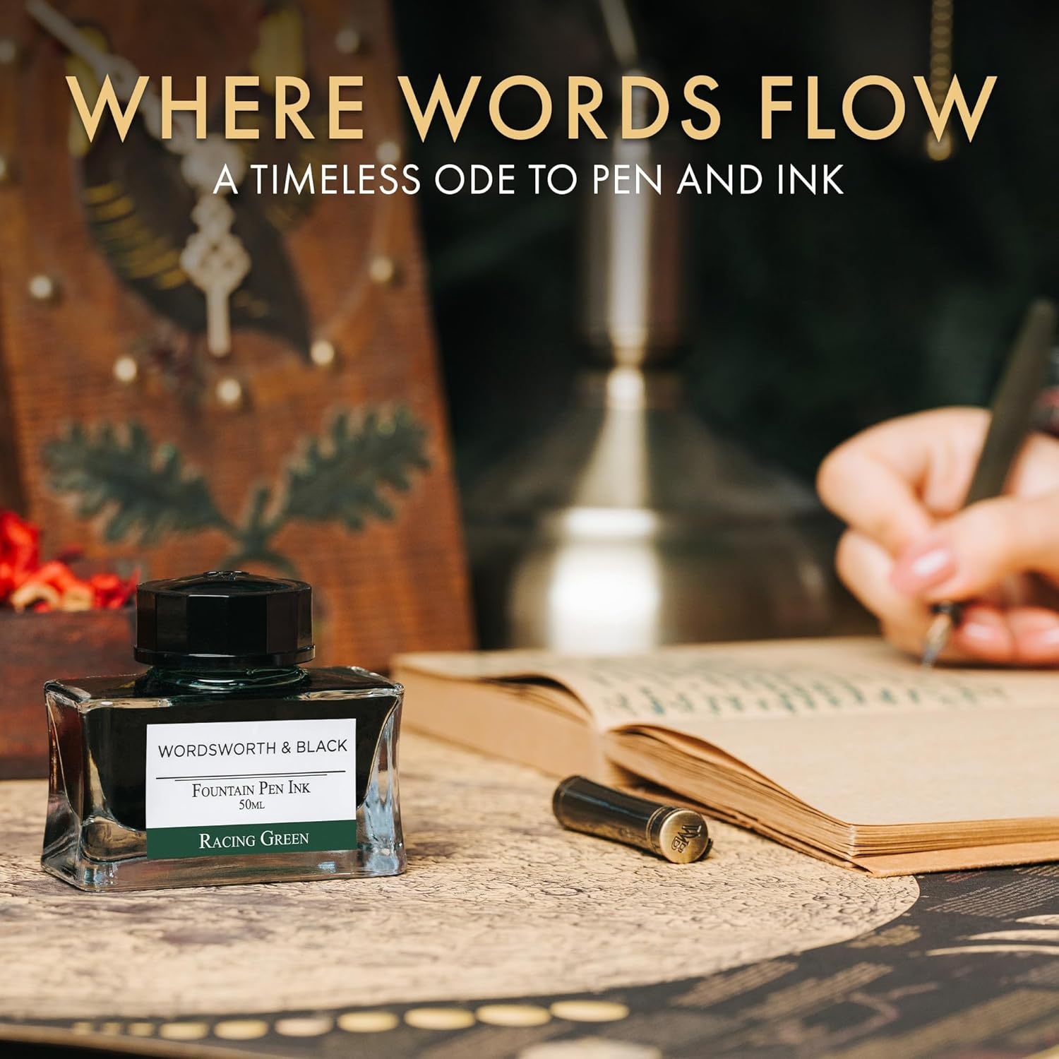 image:imageWordsworth amp Black Majesti Fountain Pen Set Black Gold Medium Nib Includes 50 ml Pen Ink Green 24 Ink Cartridges Refill Converter and Premium Gift Case