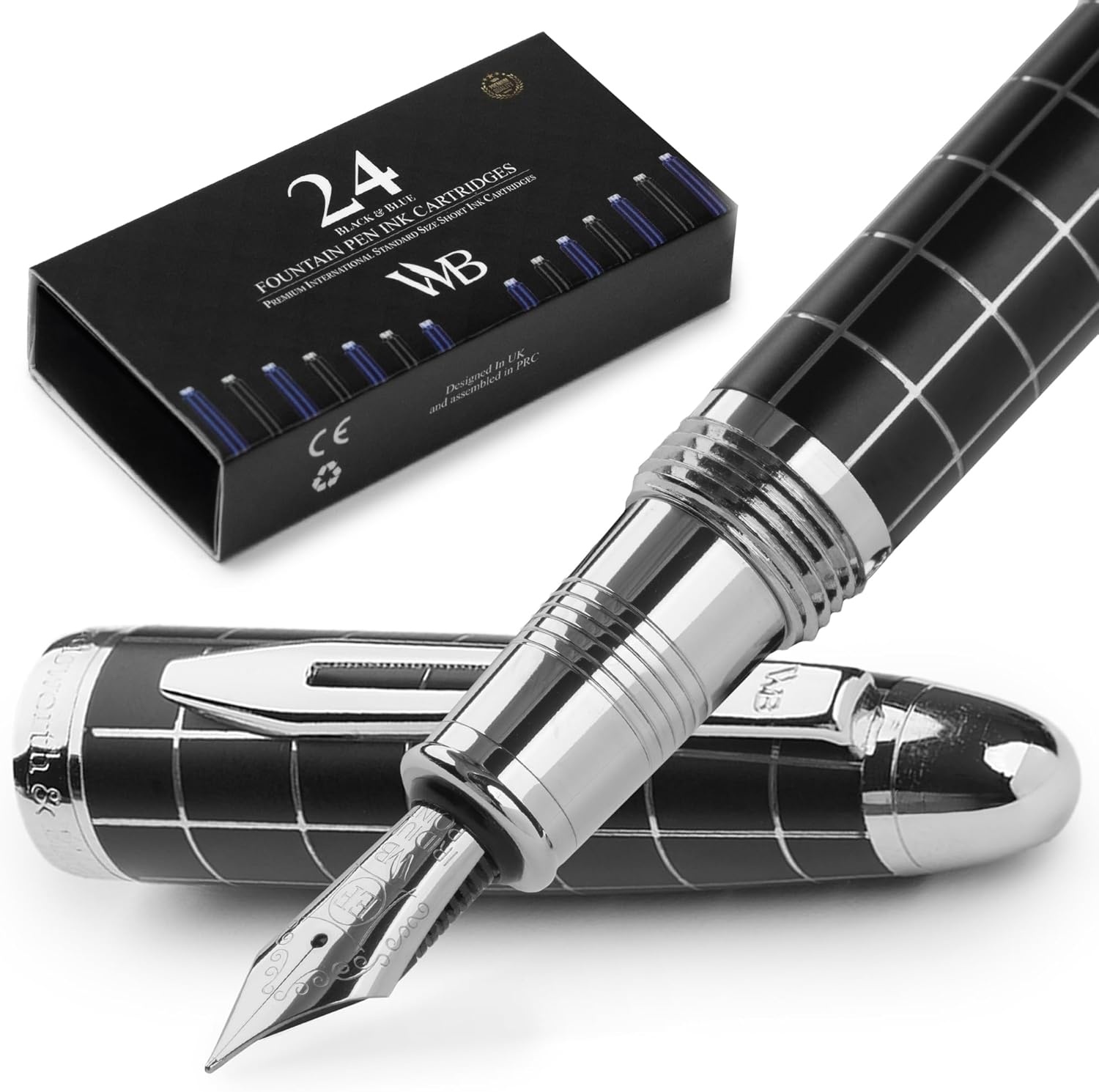 image:imageWordsworth amp Black Majesti Fountain PenBlack Checked Luxury Case Stainless Steel Medium Nib Ink Cartridges Refillable Ink ConverterCalligraphy PenBest Business Gift Set for Men amp WomenChecked Chrome