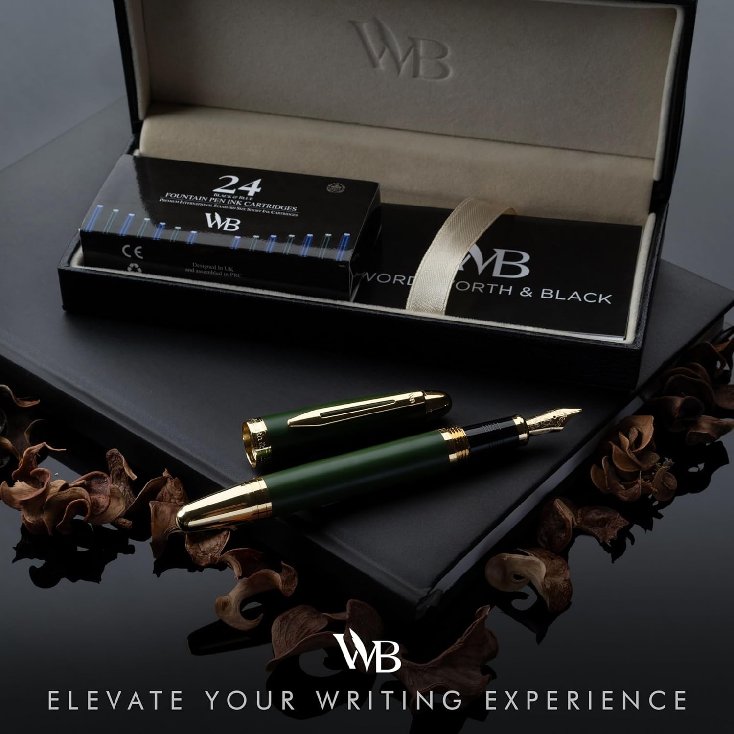 image:imageWordsworth amp Black Majesti Fountain PenBlack Checked Luxury Case Stainless Steel Medium Nib Ink Cartridges Refillable Ink ConverterCalligraphy PenBest Business Gift Set for Men amp WomenGreen Gold