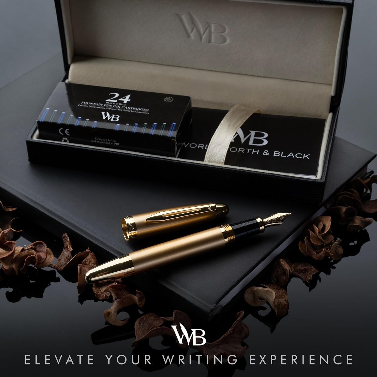 image:imageWordsworth amp Black Majesti Fountain PenBlack Checked Luxury Case Stainless Steel Medium Nib Ink Cartridges Refillable Ink ConverterCalligraphy PenBest Business Gift Set for Men amp WomenStunning Gold