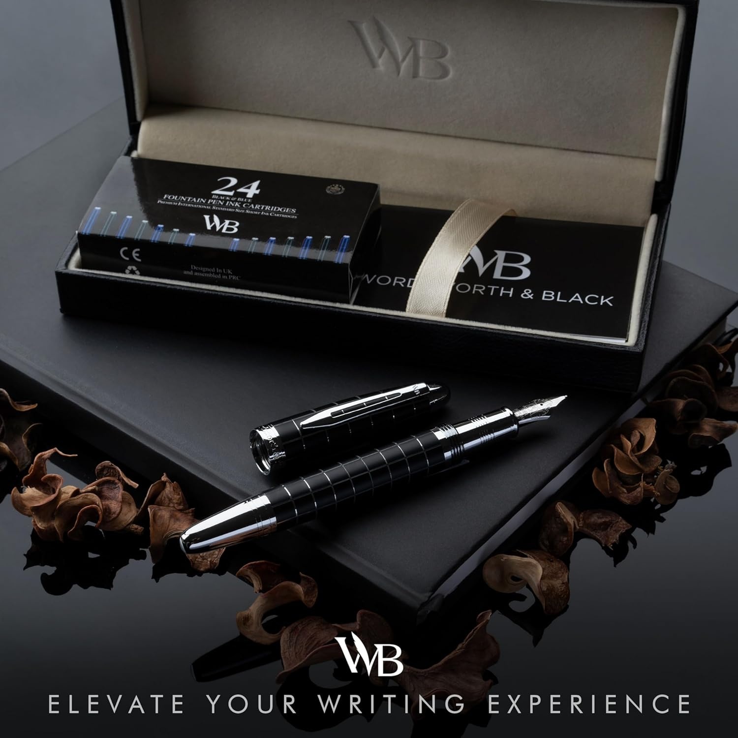 image:imageWordsworth amp Black Majesti Fountain PenBlack Checked Luxury Case Stainless Steel Medium Nib Ink Cartridges Refillable Ink ConverterCalligraphy PenBest Business Gift Set for Men amp WomenChecked Chrome