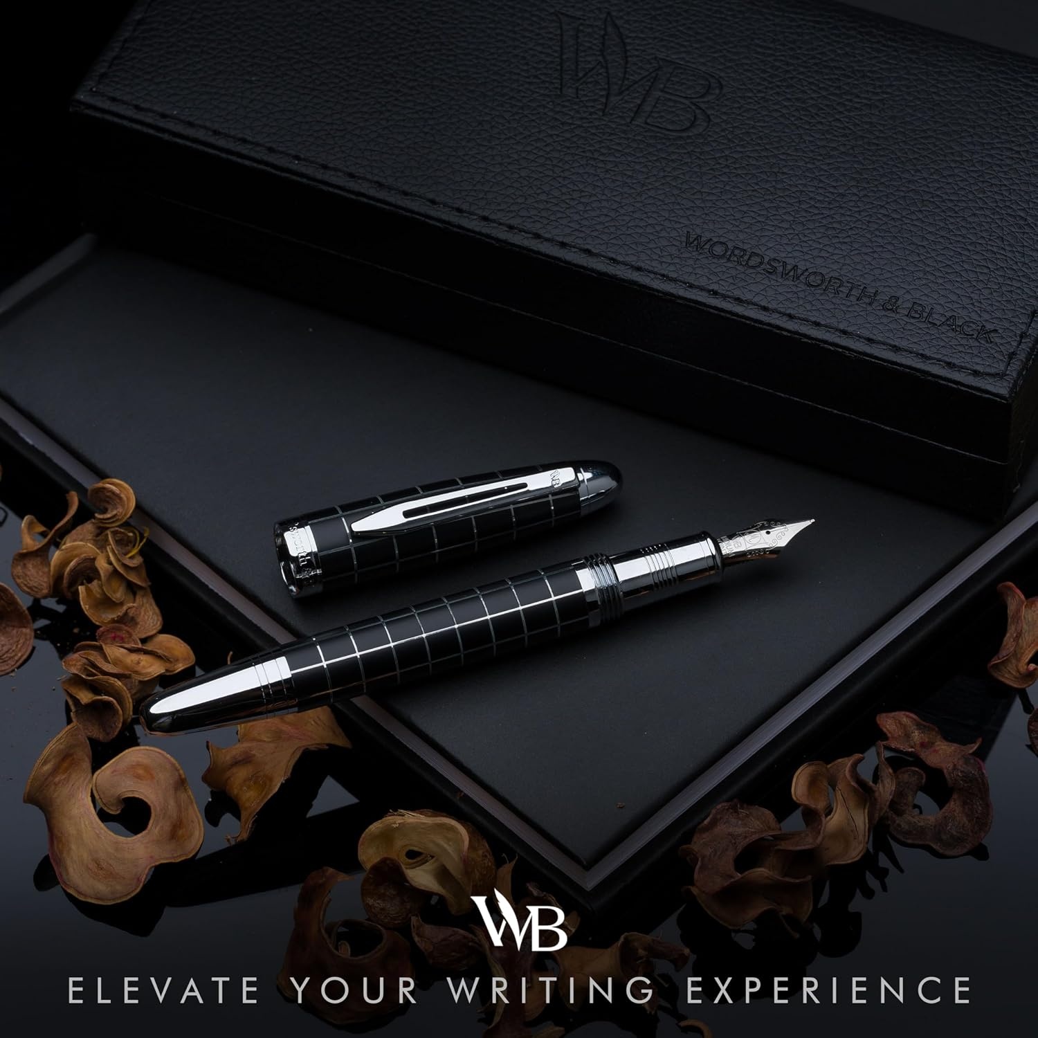 image:imageWordsworth amp Black Majesti Fountain PenBlack Checked Luxury Case Stainless Steel Medium Nib Ink Cartridges Refillable Ink ConverterCalligraphy PenBest Business Gift Set for Men amp WomenChecked Chrome