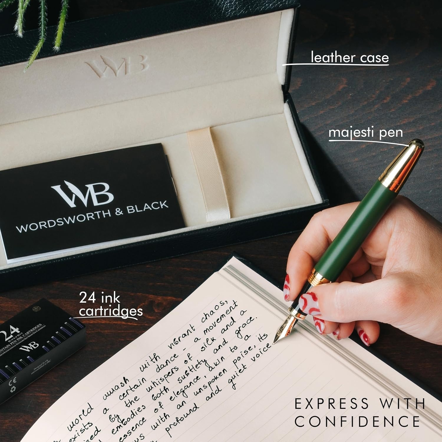 image:imageWordsworth amp Black Majesti Fountain PenBlack Checked Luxury Case Stainless Steel Medium Nib Ink Cartridges Refillable Ink ConverterCalligraphy PenBest Business Gift Set for Men amp WomenGreen Gold