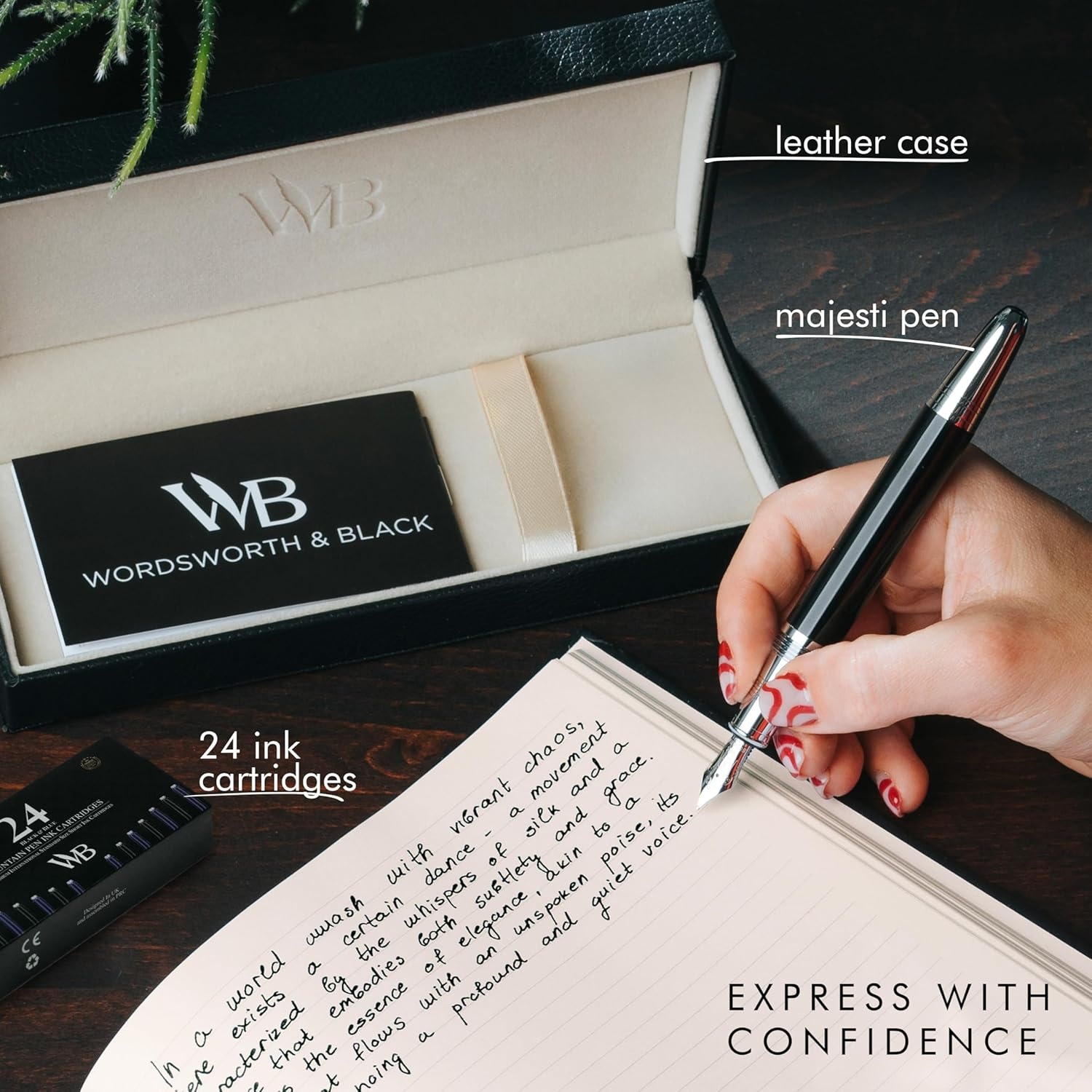 image:imageWordsworth amp Black Majesti Fountain PenBlack Checked Luxury Case Stainless Steel Medium Nib Ink Cartridges Refillable Ink ConverterCalligraphy PenBest Business Gift Set for Men amp WomenBlack Chrome