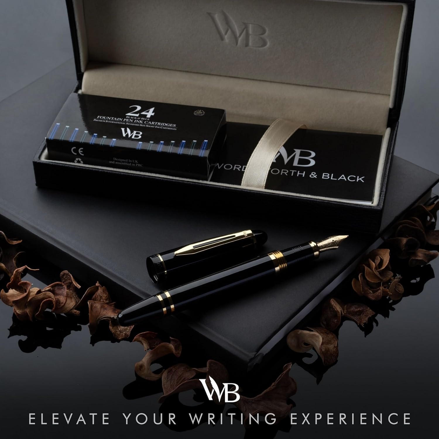 image:imageWordsworth amp Black Majesti Fountain PenBlack Checked Luxury Case Stainless Steel Medium Nib Ink Cartridges Refillable Ink ConverterCalligraphy PenBest Business Gift Set for Men amp WomenBlack Gold
