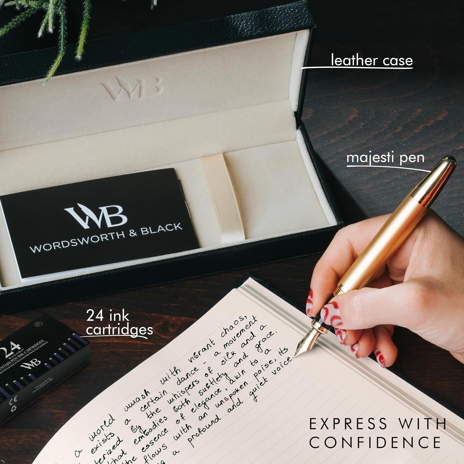 image:imageWordsworth amp Black Majesti Fountain PenBlack Checked Luxury Case Stainless Steel Medium Nib Ink Cartridges Refillable Ink ConverterCalligraphy PenBest Business Gift Set for Men amp WomenStunning Gold