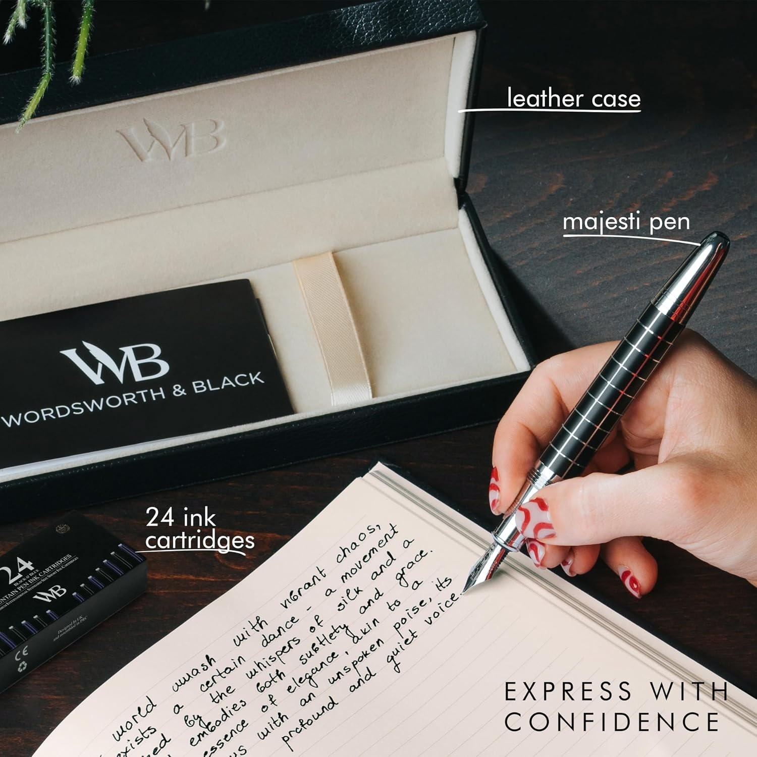 image:imageWordsworth amp Black Majesti Fountain PenBlack Checked Luxury Case Stainless Steel Medium Nib Ink Cartridges Refillable Ink ConverterCalligraphy PenBest Business Gift Set for Men amp WomenChecked Chrome