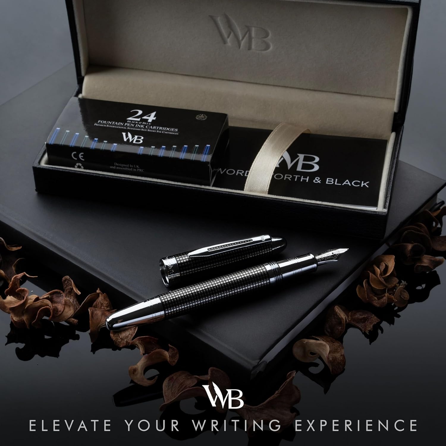 image:imageWordsworth amp Black Majesti Fountain PenBlack Checked Luxury Case Stainless Steel Medium Nib Ink Cartridges Refillable Ink ConverterCalligraphy PenBest Business Gift Set for Men amp WomenBlack Checked
