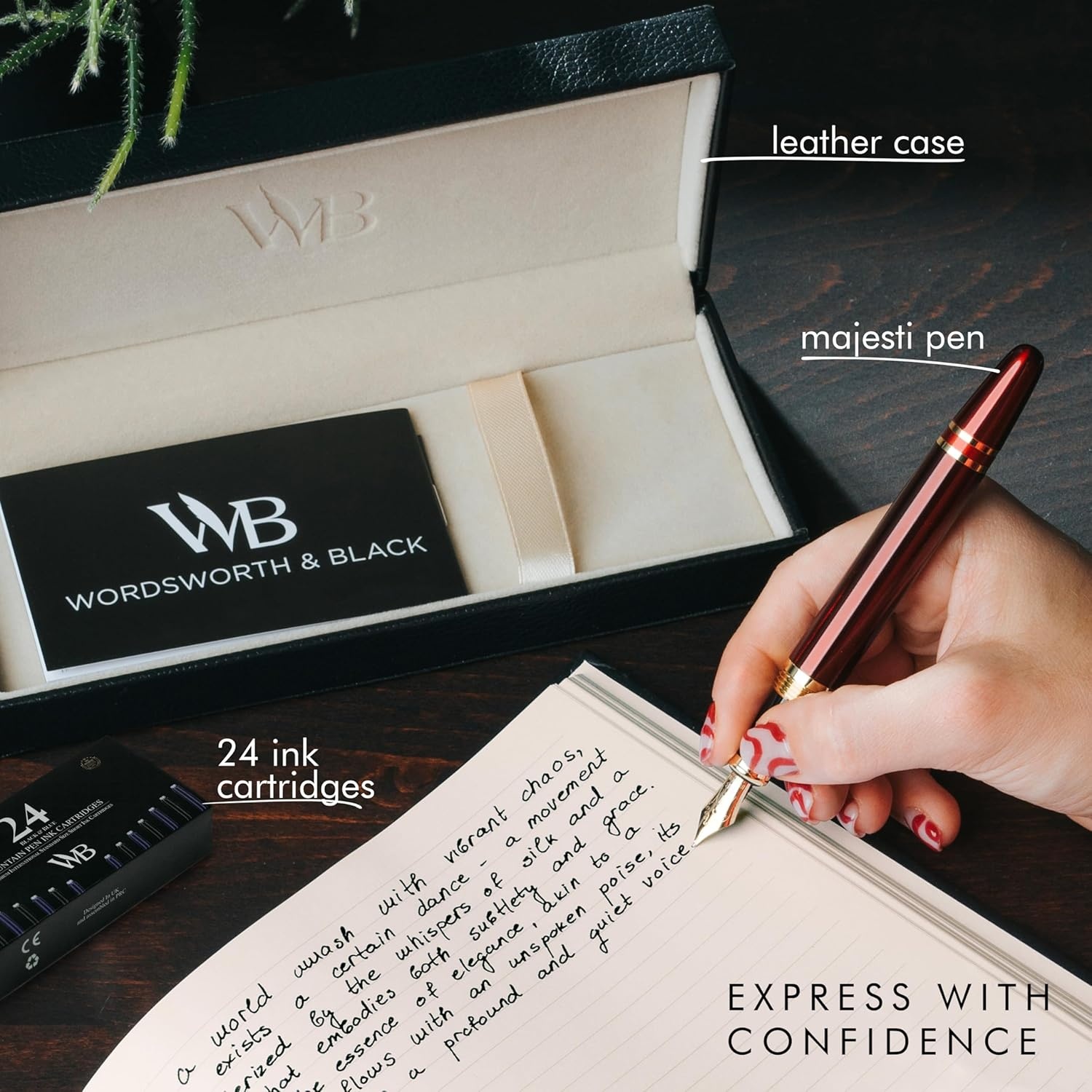 image:imageWordsworth amp Black Majesti Fountain PenBlack Checked Luxury Case Stainless Steel Medium Nib Ink Cartridges Refillable Ink ConverterCalligraphy PenBest Business Gift Set for Men amp WomenRed Gold