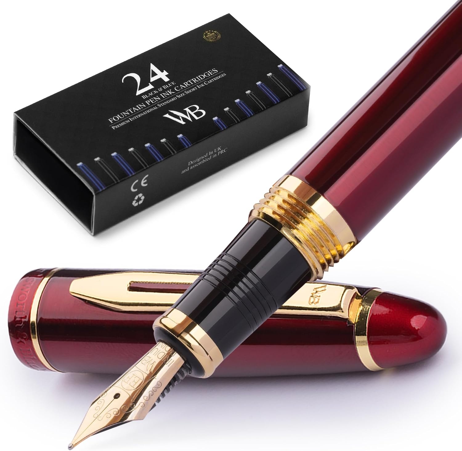 image:imageWordsworth amp Black Majesti Fountain PenBlack Checked Luxury Case Stainless Steel Medium Nib Ink Cartridges Refillable Ink ConverterCalligraphy PenBest Business Gift Set for Men amp WomenRed Gold