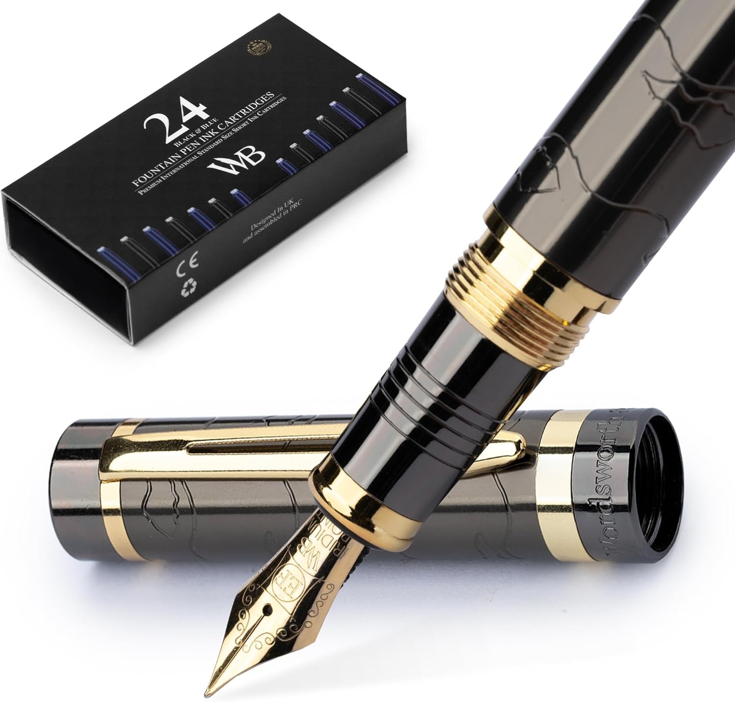 image:imageWordsworth amp Black Primori Fountain Pen Set Blue Gold Medium Nib Gift Case 24 Ink Cartridges Refill Converter Manual Smooth Writing Left amp Right HandedGunmetal Gold