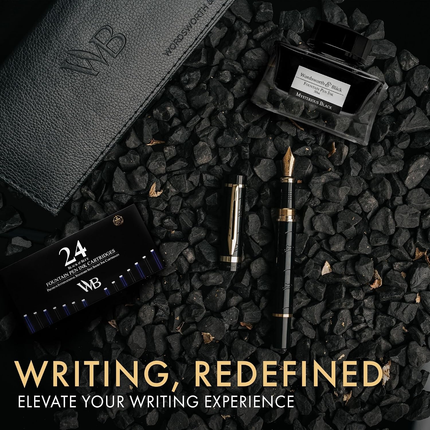 image:imageWordsworth amp Black Primori Fountain Pen Set Black Gold Medium Nib Includes 50 ml Pen Ink Black 24 Ink Cartridges Refill Converter and Premium Gift Case