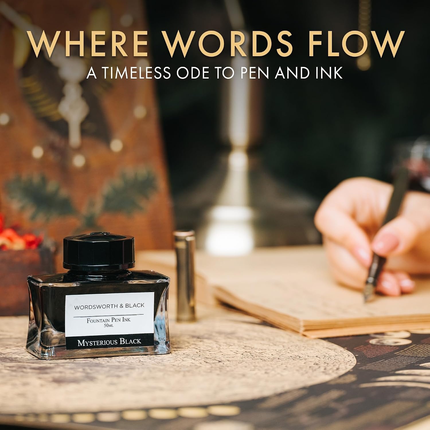 image:imageWordsworth amp Black Primori Fountain Pen Set Black Gold Medium Nib Includes 50 ml Pen Ink Black 24 Ink Cartridges Refill Converter and Premium Gift Case