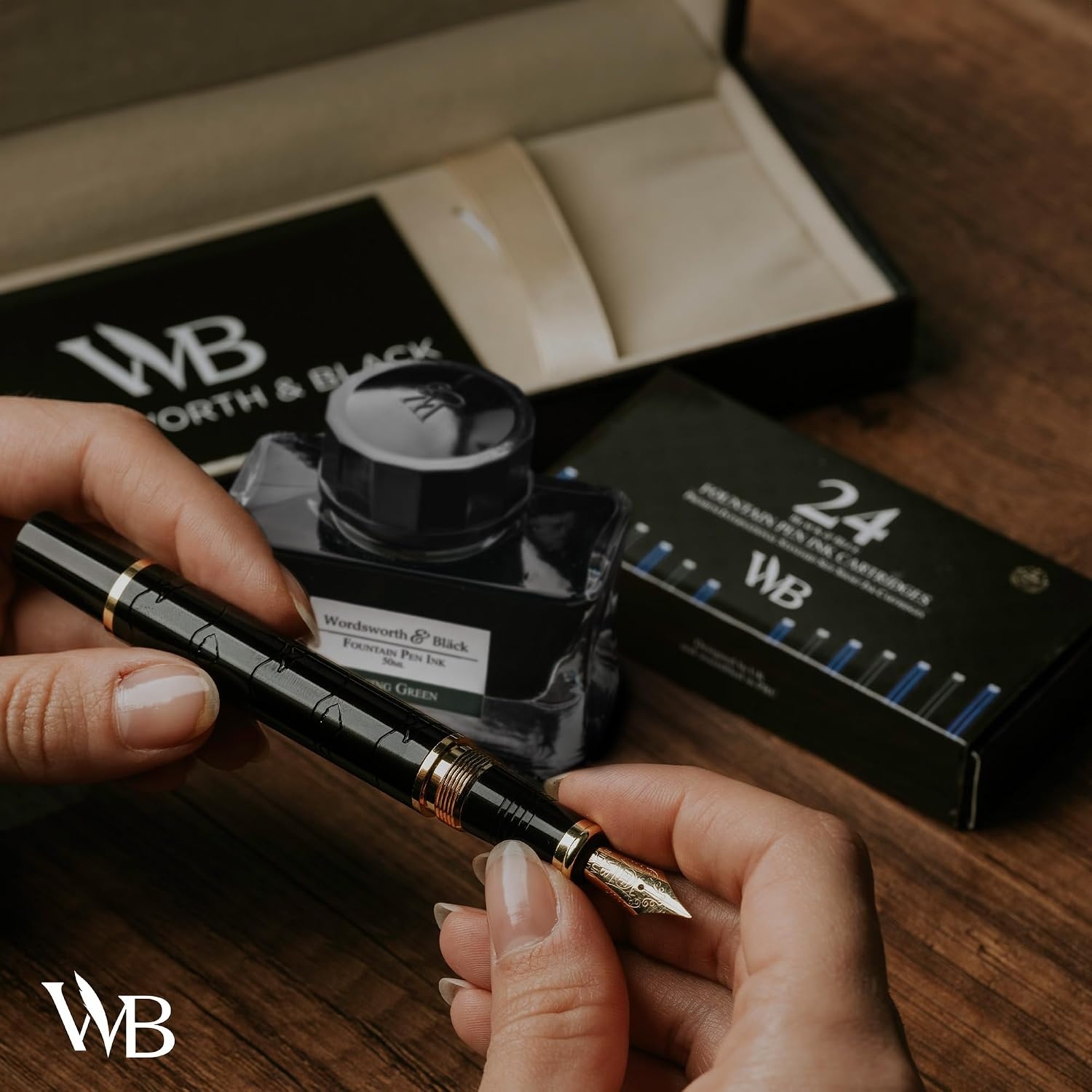 image:imageWordsworth amp Black Primori Fountain Pen Set Black Gold Medium Nib Includes 50 ml Pen Ink Green 24 Ink Cartridges Refill Converter and Premium Gift Case