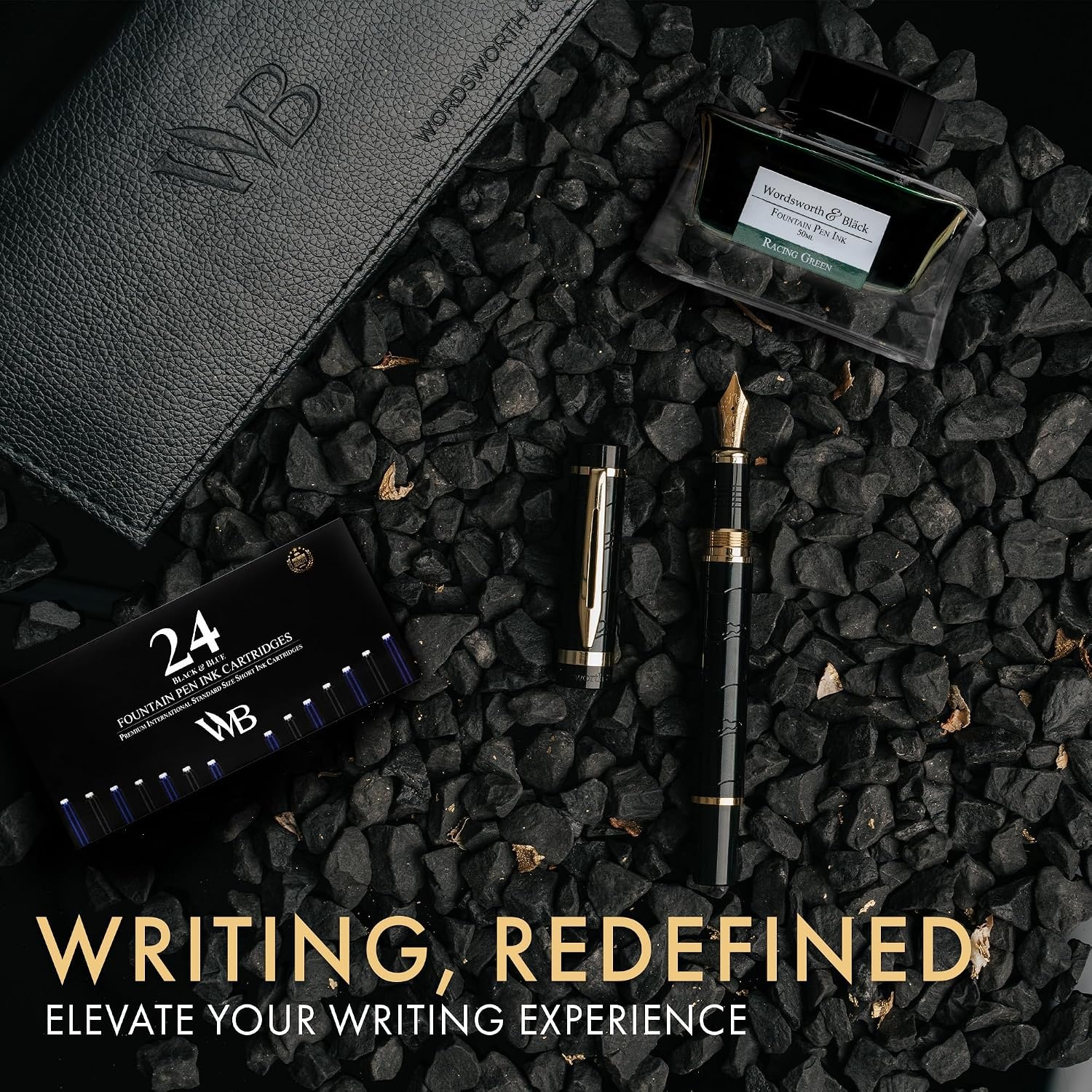 image:imageWordsworth amp Black Primori Fountain Pen Set Black Gold Medium Nib Includes 50 ml Pen Ink Green 24 Ink Cartridges Refill Converter and Premium Gift Case