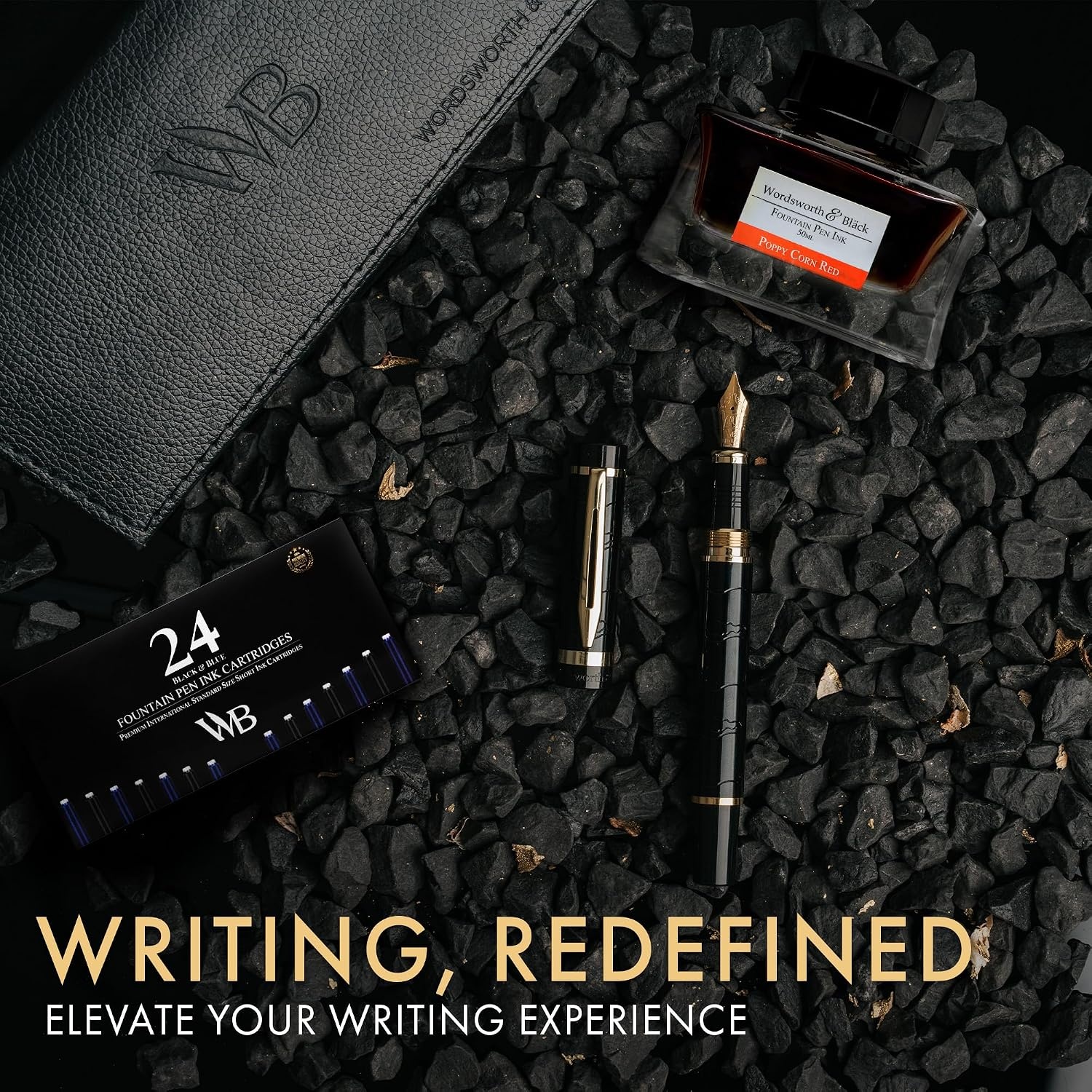 image:imageWordsworth amp Black Primori Fountain Pen Set Black Gold Medium Nib Includes 50 ml Pen Ink Red 24 Ink Cartridges Refill Converter and Premium Gift Case