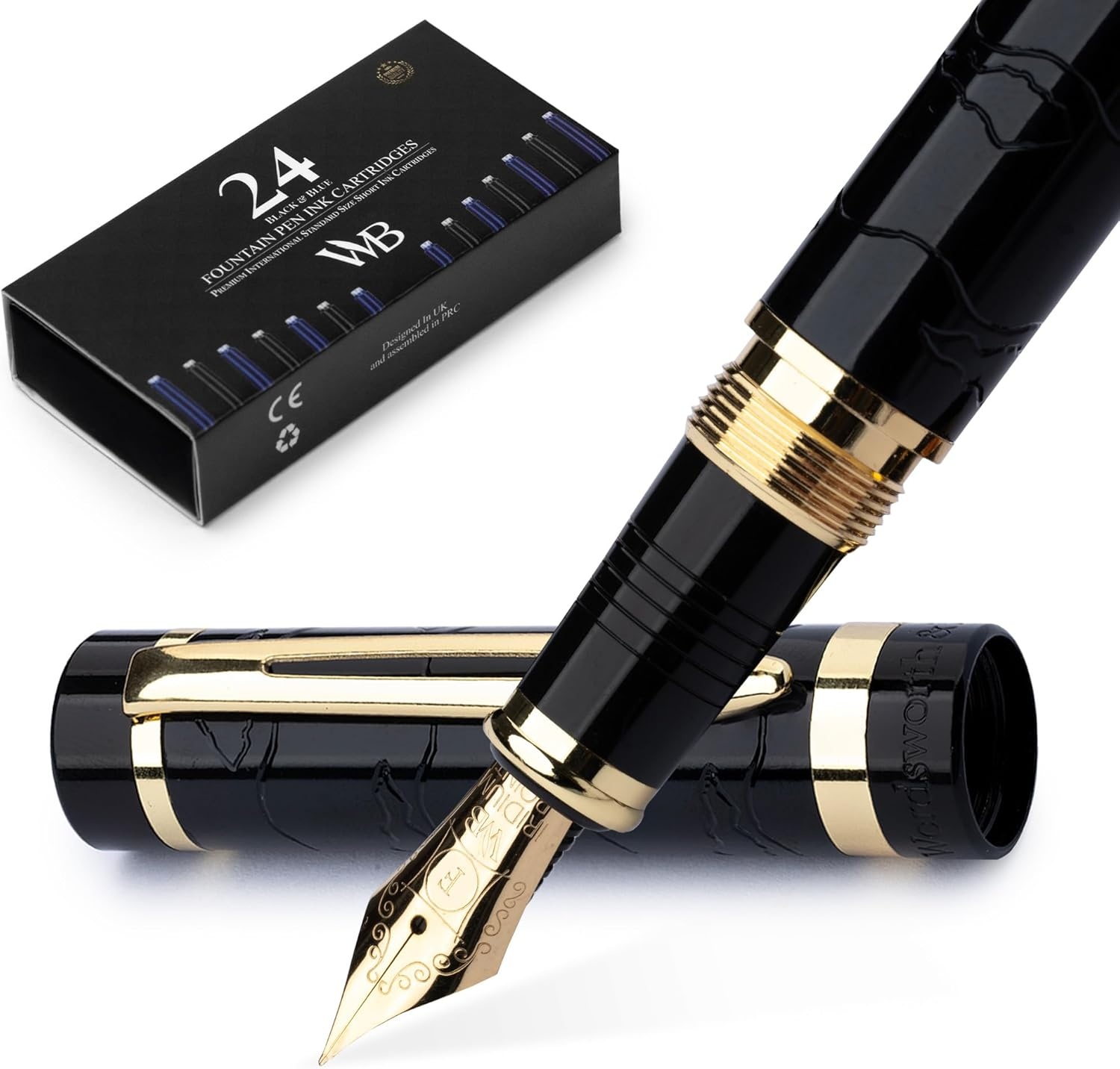image:imageWordsworth amp Black Primori Fountain Pen Set Red Gold Medium Nib Gift Case 24 Ink Cartridges Refill Converter Manual Journaling Calligraphy Smooth Writing Pens Left and Right HandedBlack Gold