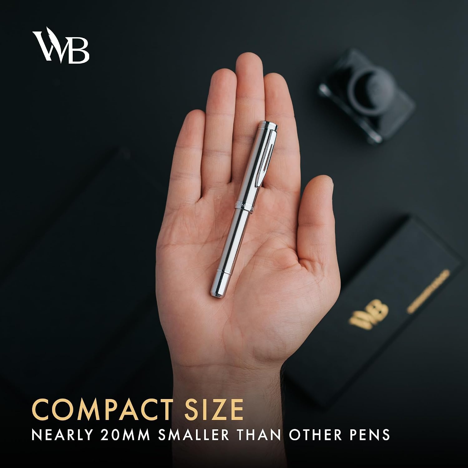 image:imageWordsworth and Black Fountain Pen Mini EDC Luxury Silver Heavy Pocket Pen Gold Finish Medium Nib 6 Ink Cartridges Ink Converter Travel Refillable Writing Pen Gift Set Men amp WomenSilver Chrome