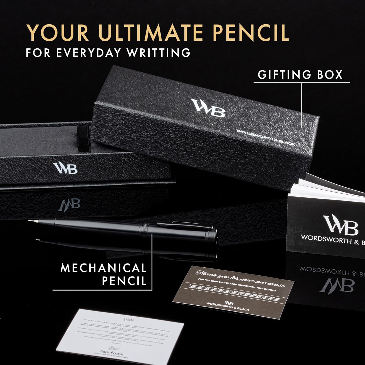 image:imageWordsworth and Black Mechanical Pencil Graphite Lead Stunning Luxury Metal Pencil Black Lacquer 24K Gold Finish 07mm Led Best Gift Set for Men amp Women Professional Executive Office PencilsAll Black