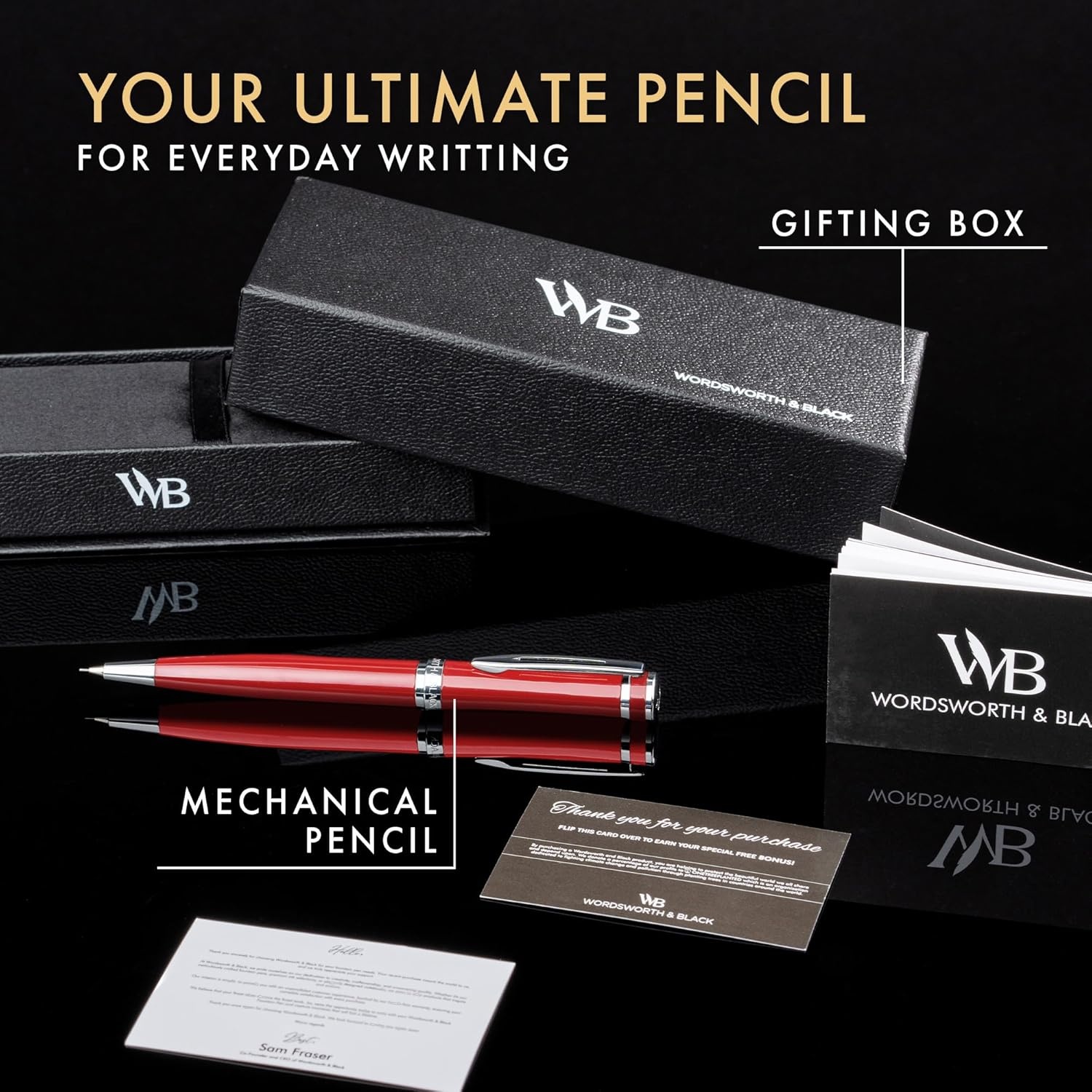 image:imageWordsworth and Black Mechanical Pencil Graphite Lead Stunning Luxury Metal Pencil Black Lacquer 24K Gold Finish 07mm Led Best Gift Set for Men amp Women Professional Executive Office PencilsRed Chrome