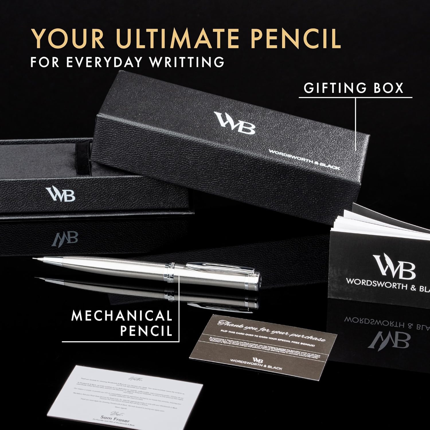 image:imageWordsworth and Black Mechanical Pencil Graphite Lead Stunning Luxury Metal Pencil Black Lacquer 24K Gold Finish 07mm Led Best Gift Set for Men amp Women Professional Executive Office PencilsSilver Chrome