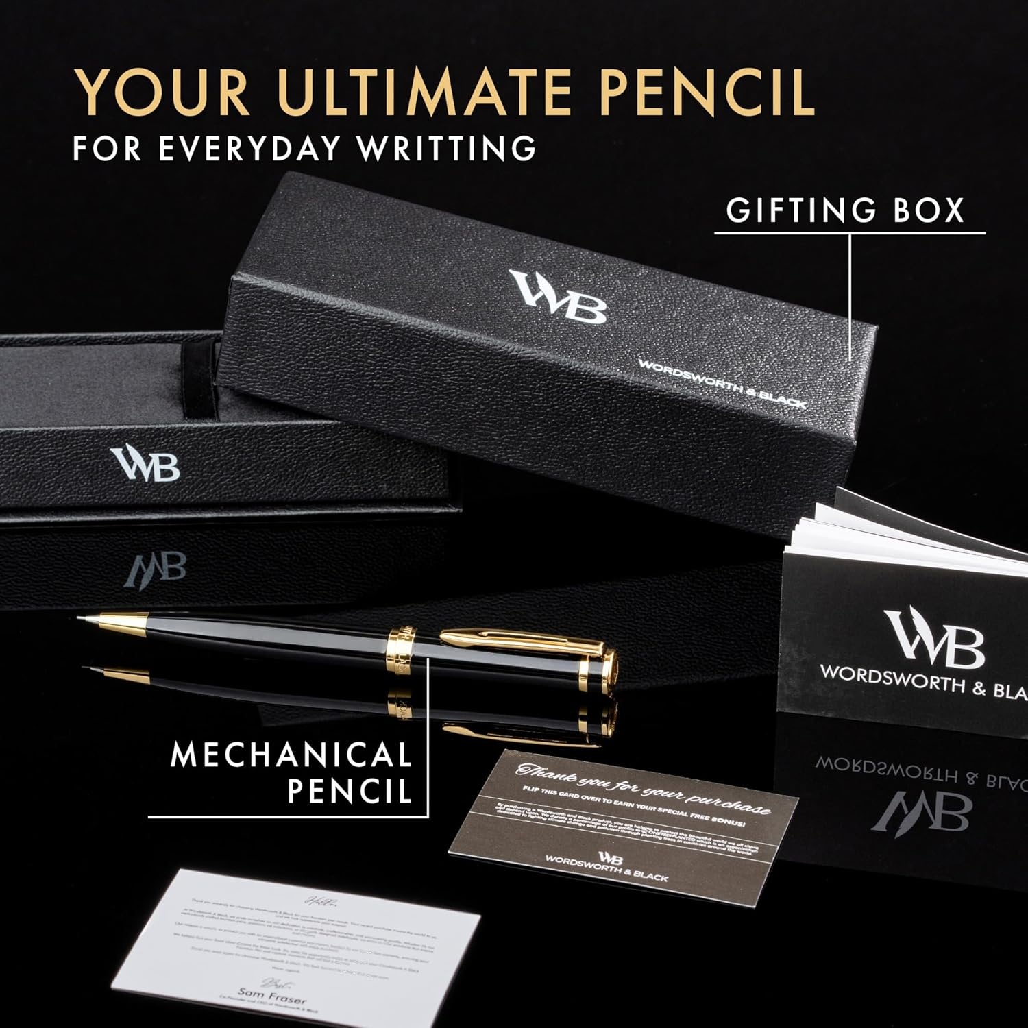 image:imageWordsworth and Black Mechanical Pencil Graphite Lead Stunning Luxury Metal Pencil Black Lacquer 24K Gold Finish 07mm Led Best Gift Set for Men amp Women Professional Executive Office PencilsBlack Gold