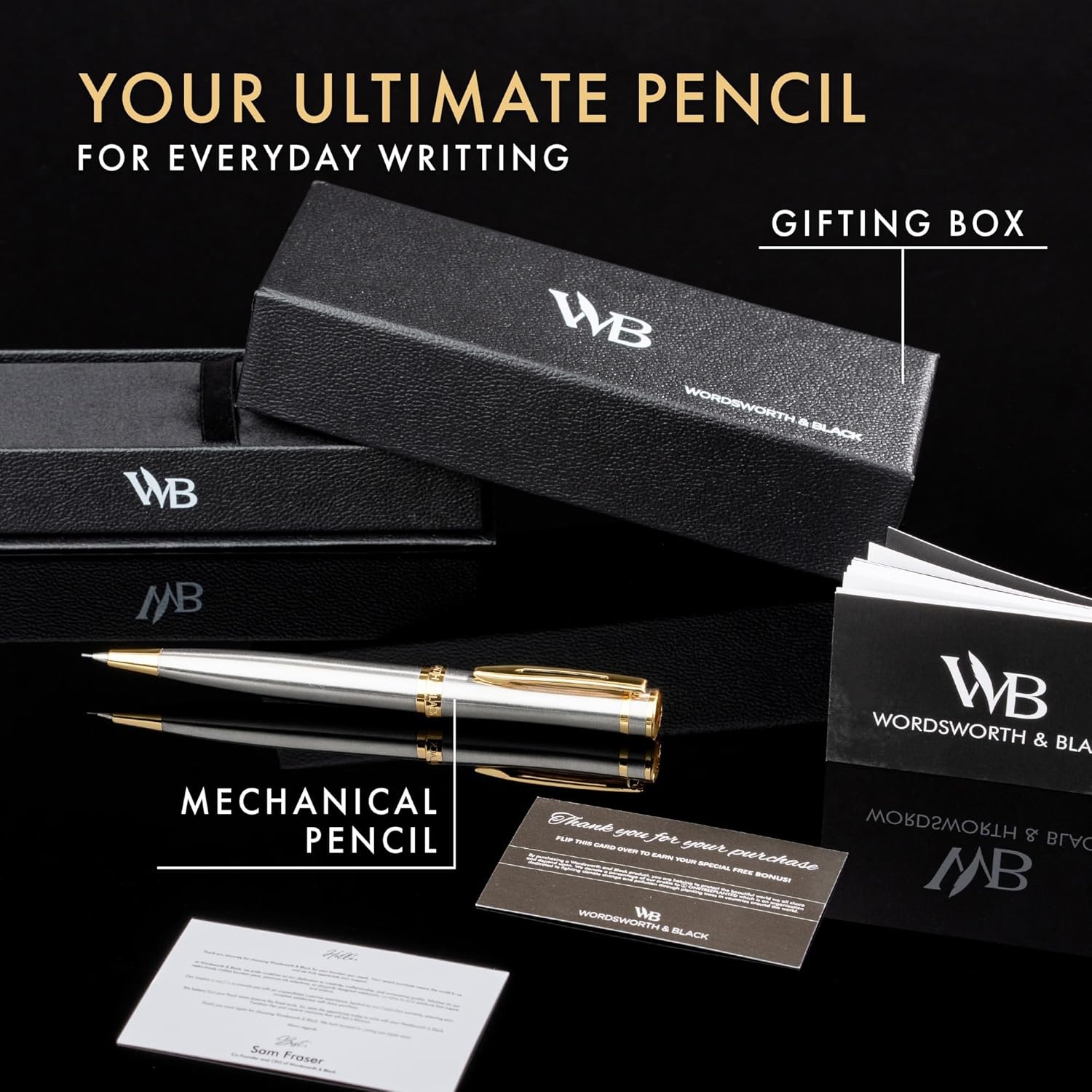 image:imageWordsworth and Black Mechanical Pencil Graphite Lead Stunning Luxury Metal Pencil Black Lacquer 24K Gold Finish 07mm Led Best Gift Set for Men amp Women Professional Executive Office PencilsSilver Gold