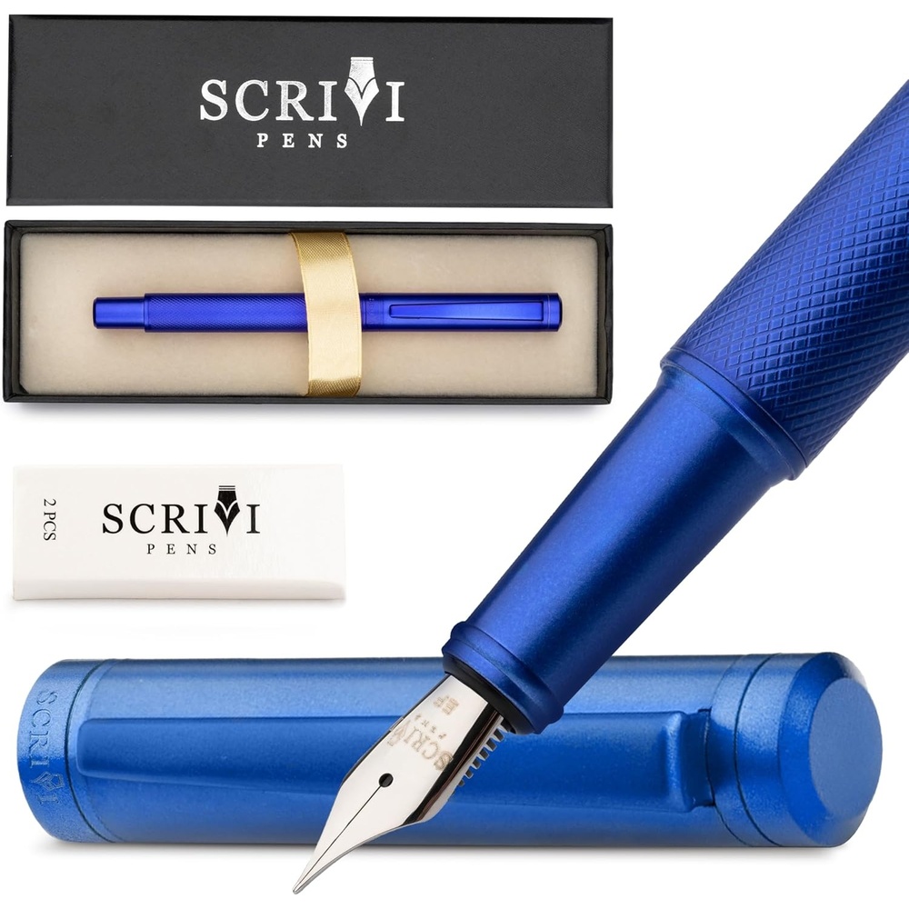 image:imageSCRIVI PENS Luxury Fountain Pen SetRed Fountain Pens for Writing Smooth Extra Fine Nib Includes Refillable Ink Converter 5 Ink Cartridges Black amp Blue Gift Box Elegant CalligraphyBlue
