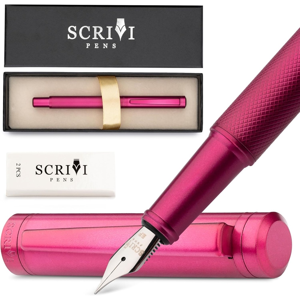image:imageSCRIVI PENS Luxury Fountain Pen SetRed Fountain Pens for Writing Smooth Extra Fine Nib Includes Refillable Ink Converter 5 Ink Cartridges Black amp Blue Gift Box Elegant CalligraphyRed