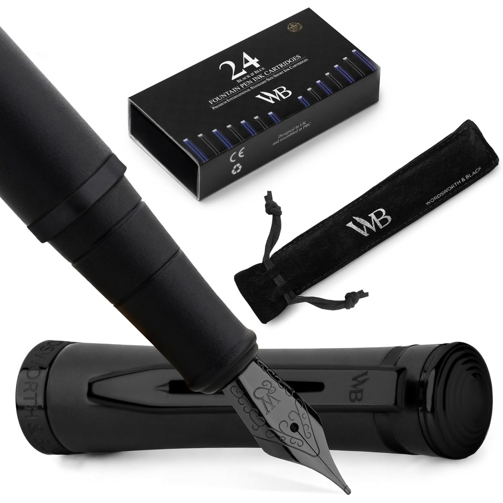image:imageWordsworth amp Black Fountain Pen Set 18K Gilded Medium Nib Includes 24 Pack Ink Cartridges Ink Refill Converter amp Gift Pouch Gold Finish Calligraphy Imperial Blue Perfect for Men amp WomenAll Black