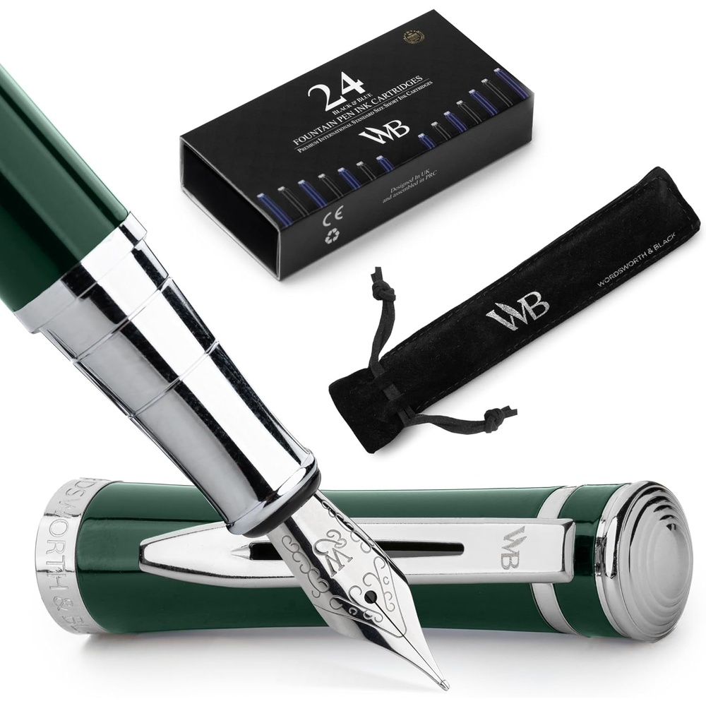 image:imageWordsworth amp Black Fountain Pen Set 18K Gilded Medium Nib Includes 24 Pack Ink Cartridges Ink Refill Converter amp Gift Pouch Gold Finish Calligraphy Imperial Blue Perfect for Men amp WomenRacing Green Chrome