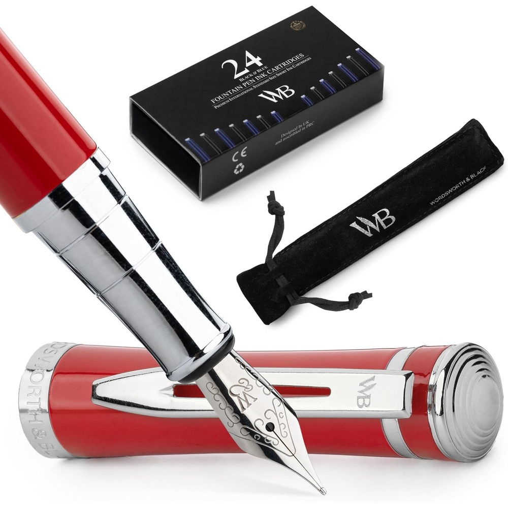 image:imageWordsworth amp Black Fountain Pen Set 18K Gilded Medium Nib Includes 24 Pack Ink Cartridges Ink Refill Converter amp Gift Pouch Gold Finish Calligraphy Imperial Blue Perfect for Men amp WomenCrimson Red Chrome