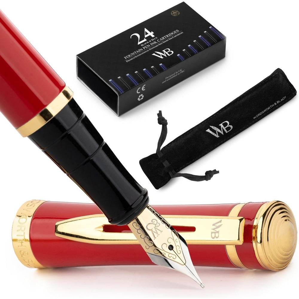 image:imageWordsworth amp Black Fountain Pen Set 18K Gilded Medium Nib Includes 24 Pack Ink Cartridges Ink Refill Converter amp Gift Pouch Gold Finish Calligraphy Imperial Blue Perfect for Men amp WomenCrimson Red Gold