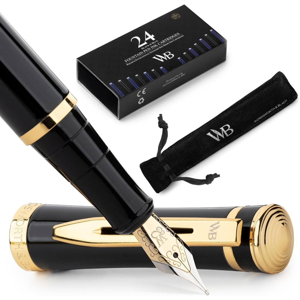 image:imageWordsworth amp Black Fountain Pen Set 18K Gilded Medium Nib Includes 24 Pack Ink Cartridges Ink Refill Converter amp Gift Pouch Gold Finish Calligraphy Imperial Blue Perfect for Men amp WomenBlack Gold