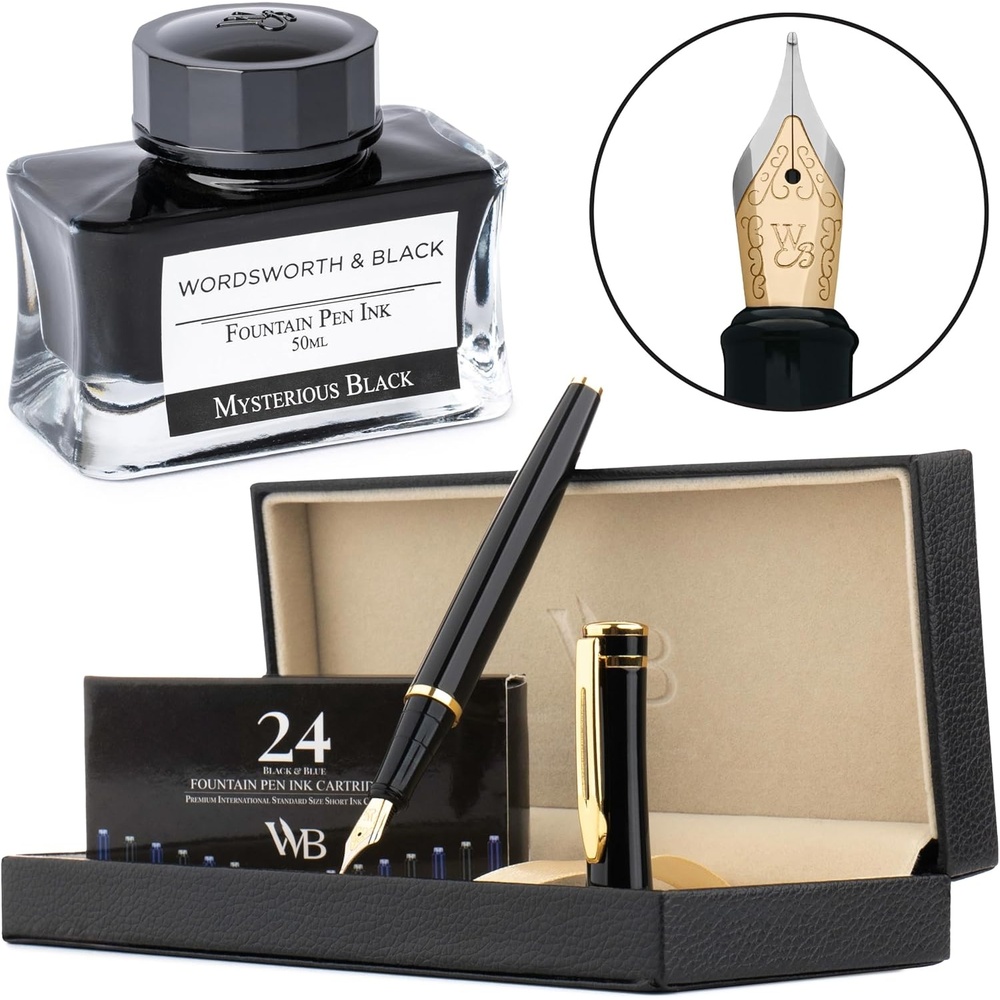 image:imageWordsworth amp Black Fountain Pen Set Black Gold Medium Nib Includes 50 ml Pen Ink Black 24 Ink Cartridges Refill Converter and Premium Gift Case