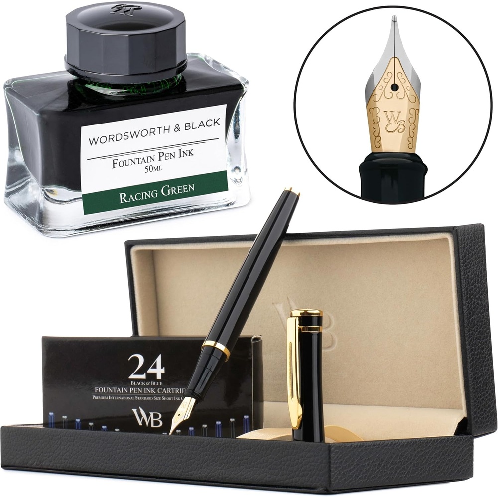 image:imageWordsworth amp Black Fountain Pen Set Black Gold Medium Nib Includes 50 ml Pen Ink Green 24 Ink Cartridges Refill Converter and Premium Gift Case