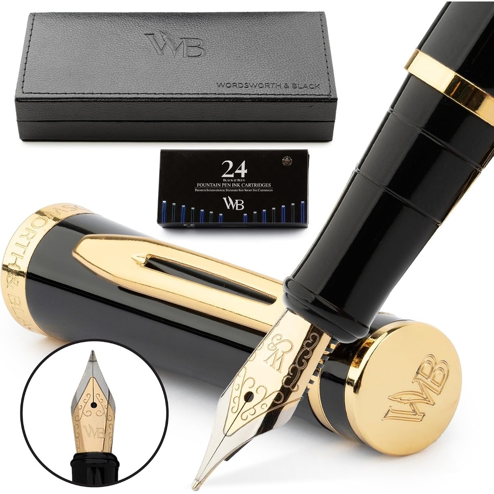 image:imageWordsworth amp Black Fountain Pen Set Black Gold Medium Nib Includes Spare Bent Nib Gold 24 Ink Cartridges Refill Converter and Premium Gift Case