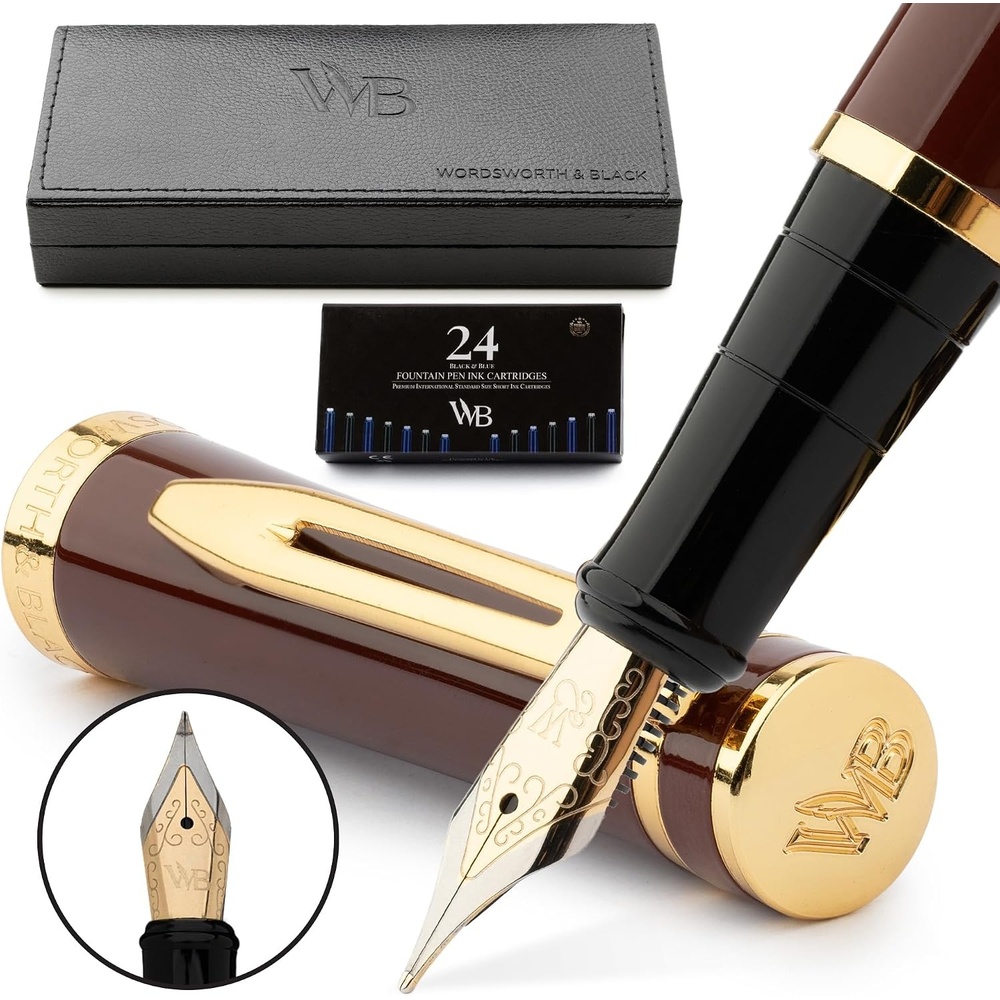 image:imageWordsworth amp Black Fountain Pen Set Brown Gold Medium Nib Includes Spare Bent Nib Gold 24 Ink Cartridges Refill Converter and Premium Gift Case