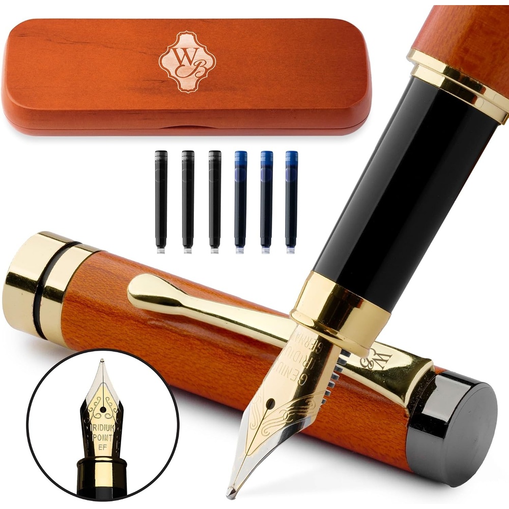 image:imageWordsworth amp Black Fountain Pen Set Cherry Wood Luxury Bamboo Wood Medium Nib Includes Spare Extra Fine Nib Gold 6 Ink Cartridges Refill Converter and Premium Gift Case