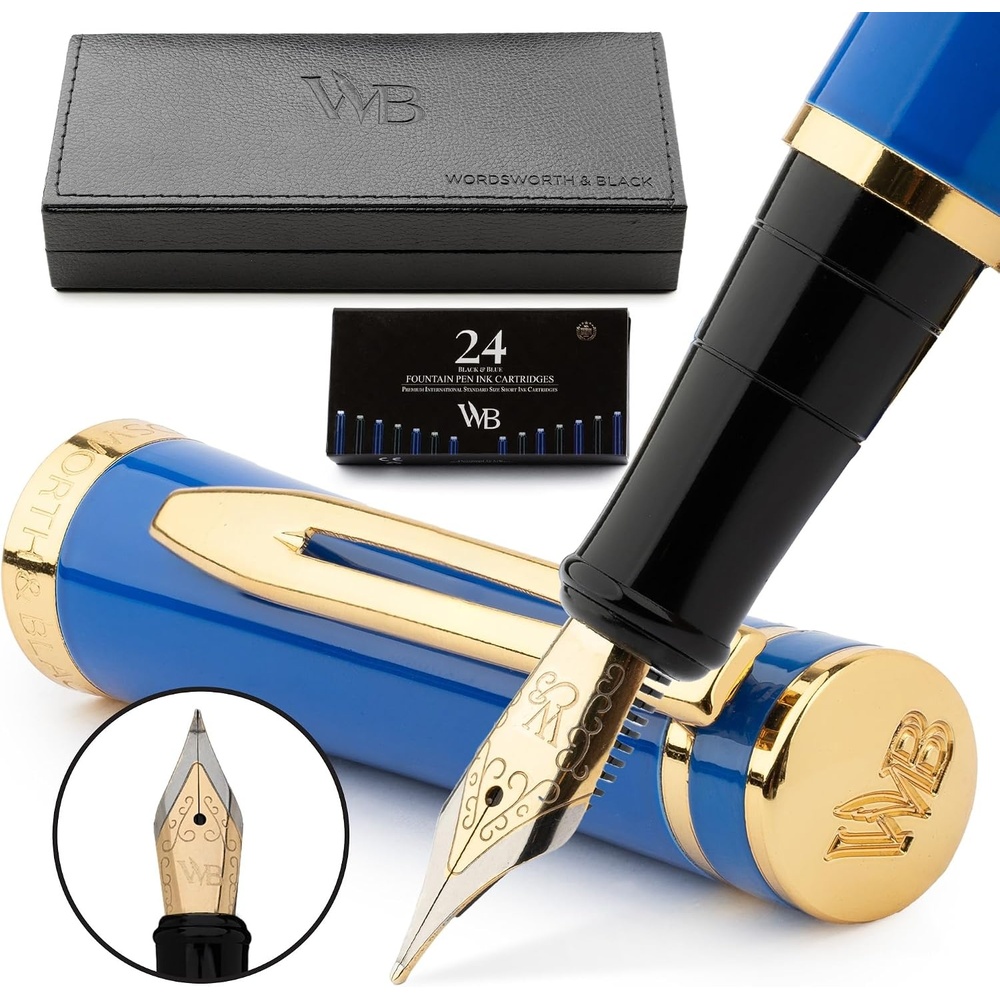image:imageWordsworth amp Black Fountain Pen Set Imperial Blue Medium Nib Includes Spare Bent Nib Gold 24 Ink Cartridges Refill Converter and Premium Gift Case