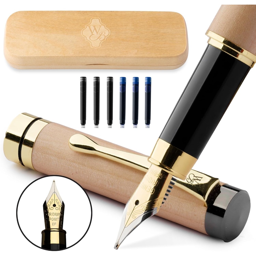 image:imageWordsworth amp Black Fountain Pen Set Maple Wood Luxury Bamboo Wood Medium Nib Includes Spare Extra Fine Nib Gold 6 Ink Cartridges Refill Converter and Premium Gift Case