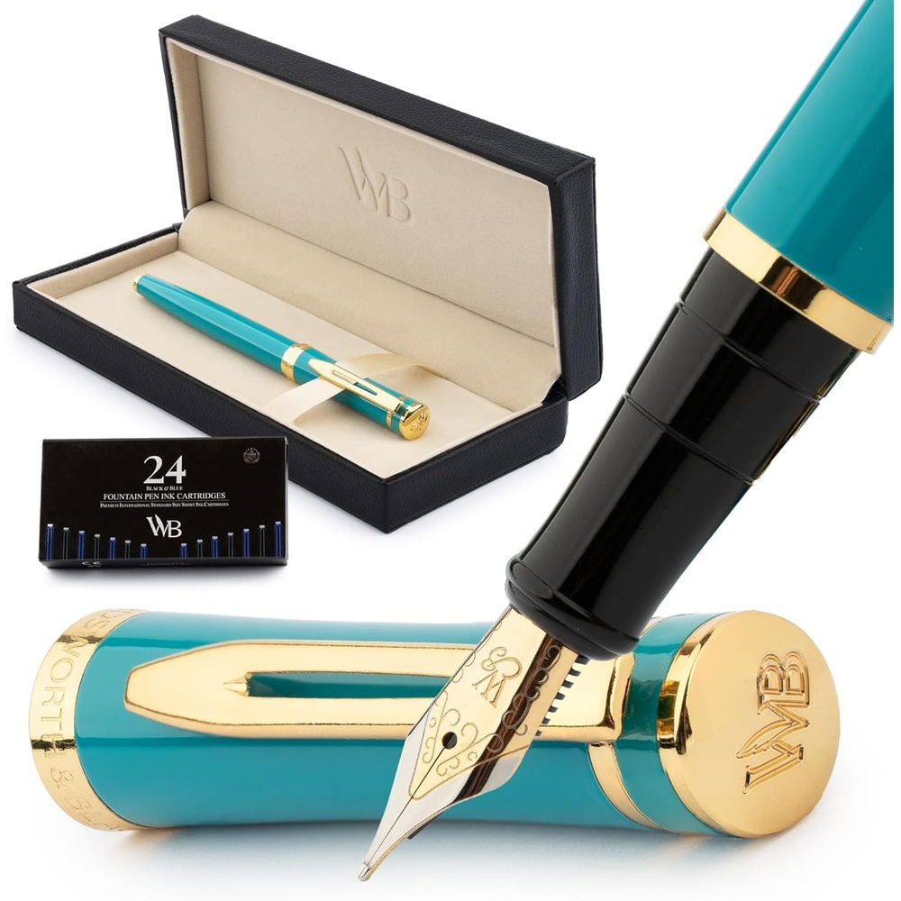 image:imageWordsworth amp Black Fountain Pen Set Medium Nib Includes 24 Ink Cartridges and Ink Refill Converter Gift Case Journaling Calligraphy Smooth Writing Pens Black Chrome Perfect for Men and WomenTurquoise Gold