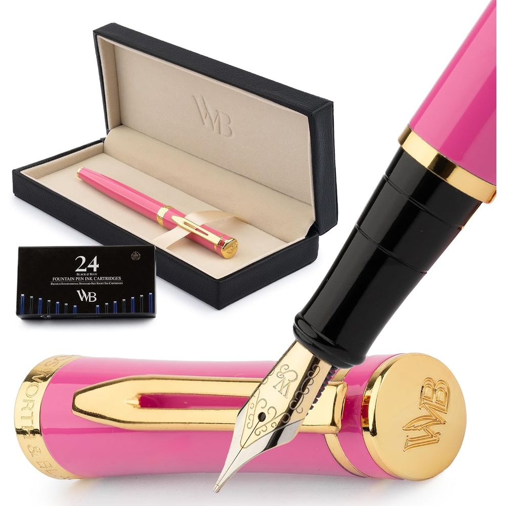 image:imageWordsworth amp Black Fountain Pen Set Medium Nib Includes 24 Ink Cartridges and Ink Refill Converter Gift Case Journaling Calligraphy Smooth Writing Pens Black Chrome Perfect for Men and WomenHot Pink
