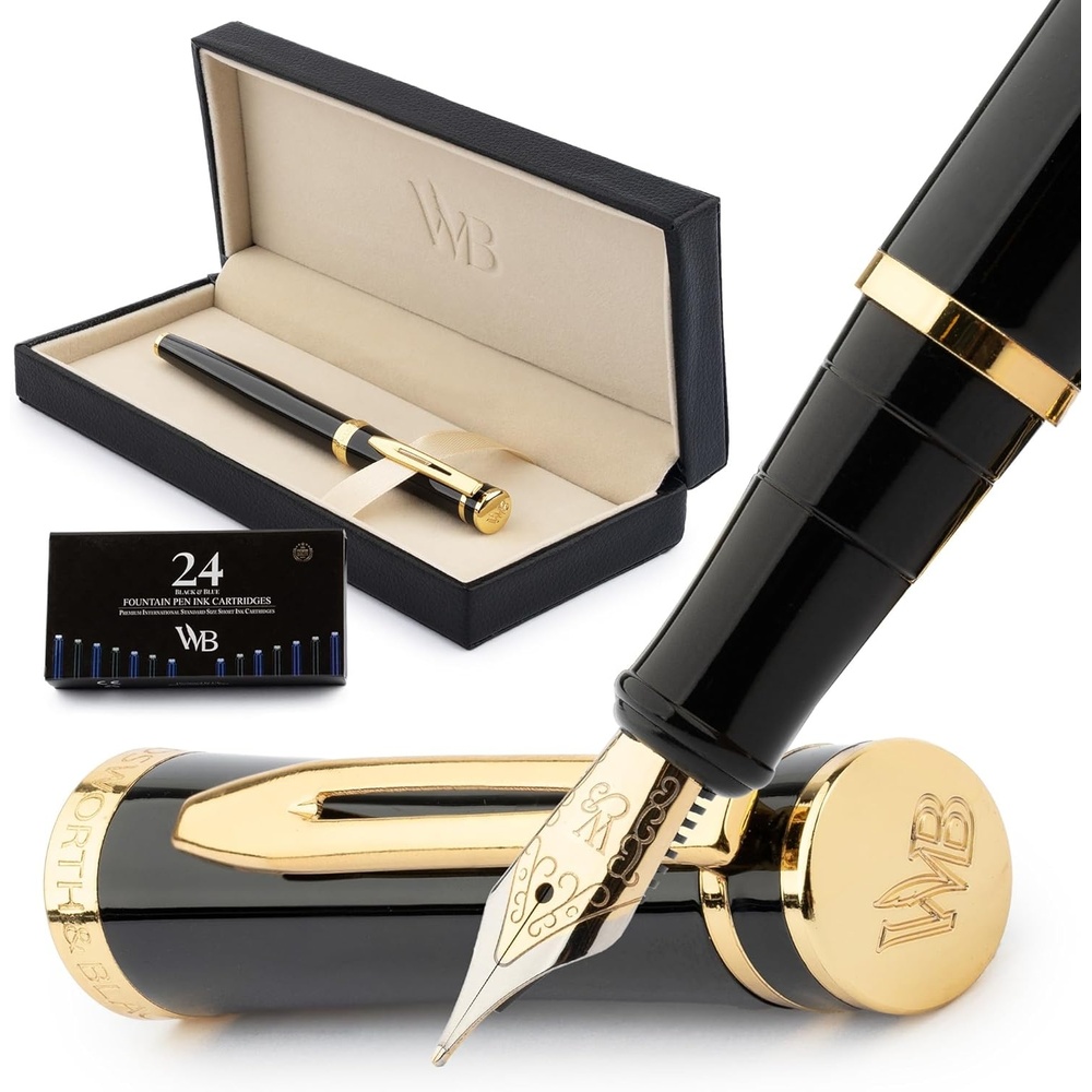 image:imageWordsworth amp Black Fountain Pen Set Medium Nib Includes 24 Ink Cartridges and Ink Refill Converter Gift Case Journaling Calligraphy Smooth Writing Pens Black Chrome Perfect for Men and WomenBlack Gold