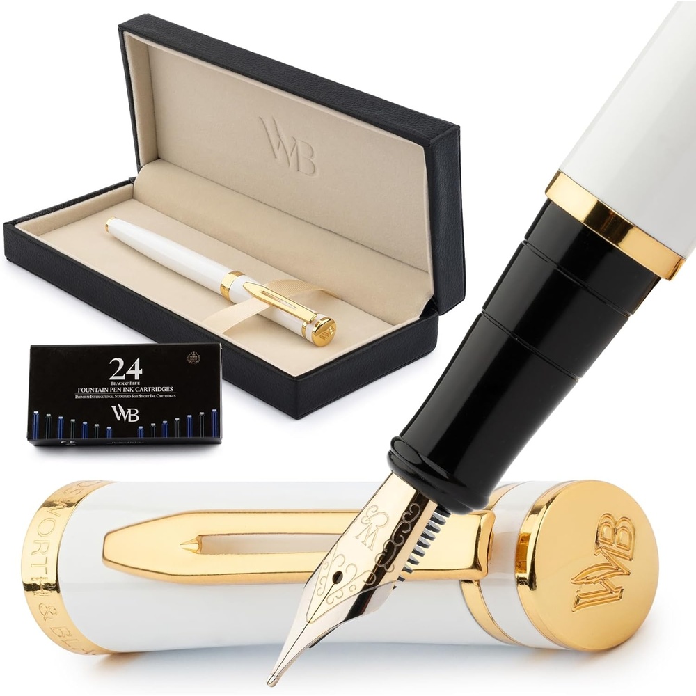 image:imageWordsworth amp Black Fountain Pen Set Medium Nib Includes 24 Ink Cartridges and Ink Refill Converter Gift Case Journaling Calligraphy Smooth Writing Pens Black Chrome Perfect for Men and WomenWhite Gold
